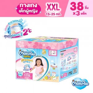 (ยกลัง) MamyPoko แบบกางเกง Toybox Premium Extra dry (หญิง) ไซส์ XXL 38 ชิ้น 3 แพ็ค